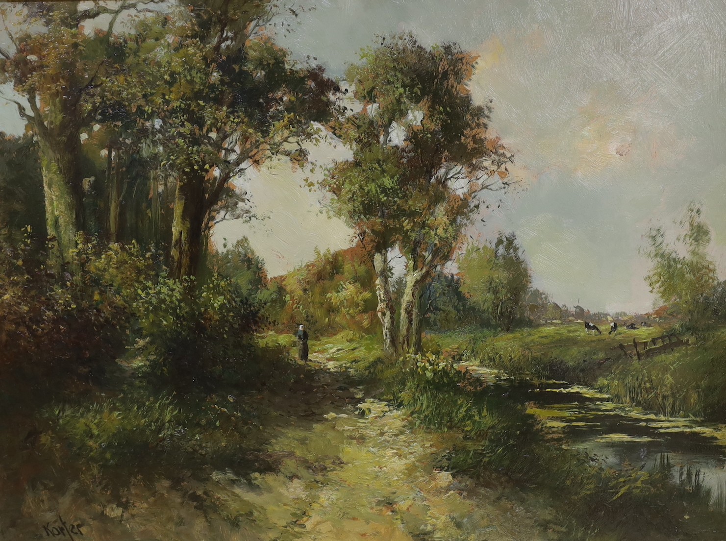 Koster (Dutch School), oil on board, Woman on a canal side path, signed, 58 x 79cm